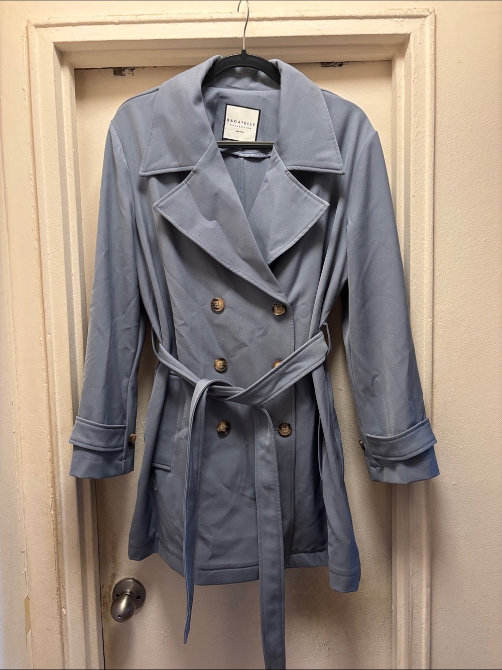 bagatelle Powder Blue Double-Breasted Trench Coat with Belt size XL